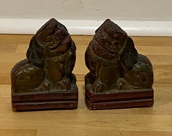 Antique Chinese Qing Dynasty Handcarved Wood Foo Dogs Set of 2