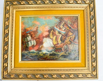 Original Arturo Vasselli Abstract Oil Painting Ships Battle at Sea 13x15