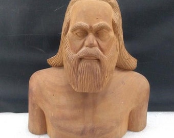 Hand Carved Wood Bust Folk Art Man Figure Sculpture Signed 13"