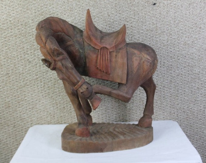 Featured listing image: Vintage Large Hand Carved Carving Wood Wooden Polychrome Horse Statue Folk Art 21"