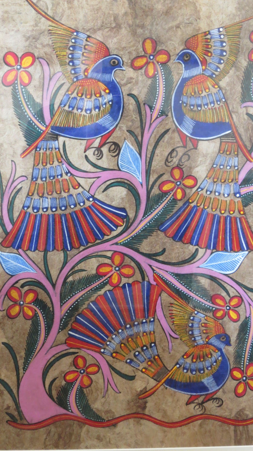Mexican Folk Art Work Amate Painting on Bark Paper Framed Three Birds