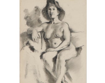 Edgar Yaeger Seated Figural Female Woman Nude Portrait Charcoal Drawing, 1967