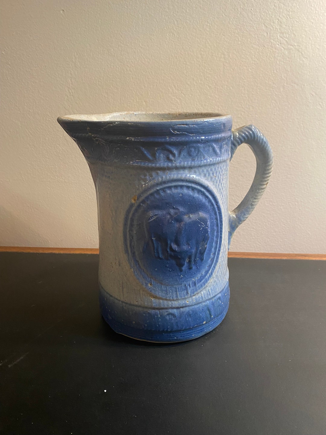 Antique Salt Glaze Pitcher Cows Blue & White Stoneware 8 Tall Etsy