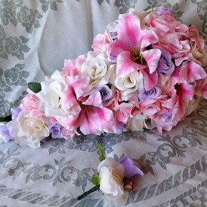 roses white,lavander ,beige and strargazer pink cascade bridal bouquet 2 pieces