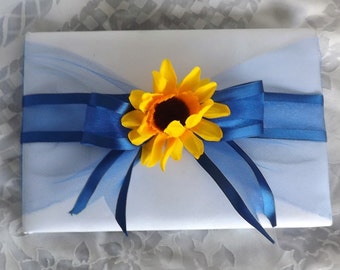 Sunflower with royal blue ribbon and tull  guest book and pen wedding set 2 pcs