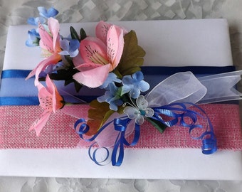 Pink burlap with alstroemeria and blue hydrangeas guest book and pen wedding set 2 pcs