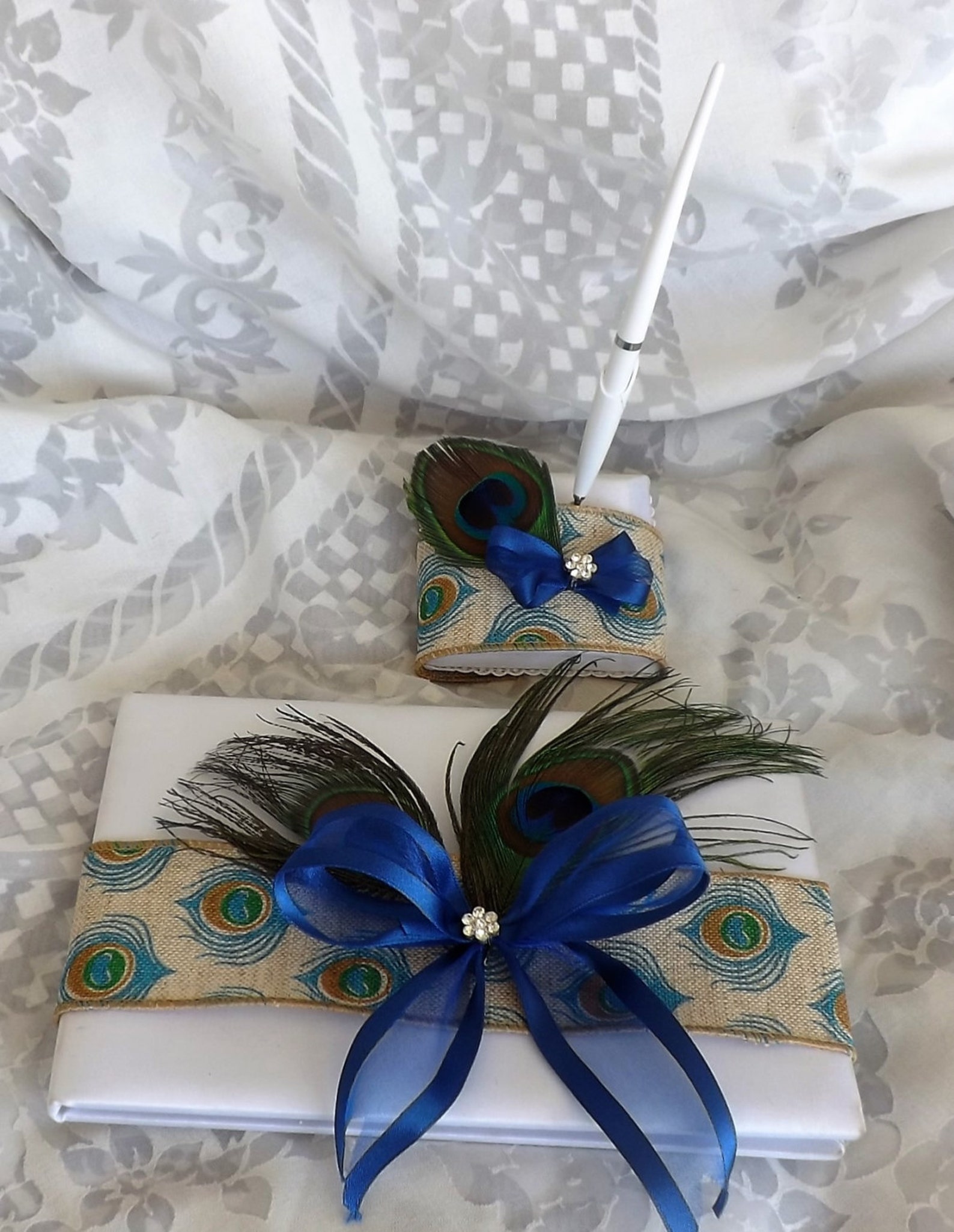 Peacock Feathers With Ribbon Burlap Animal Print and Bow Royal Etsy