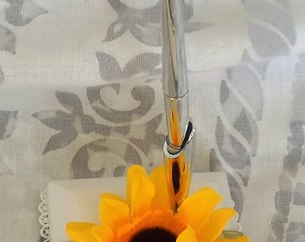 Sunflowers guest book and pen wedding set 2 pcs with ribbon golden, burgundy and coffee lines