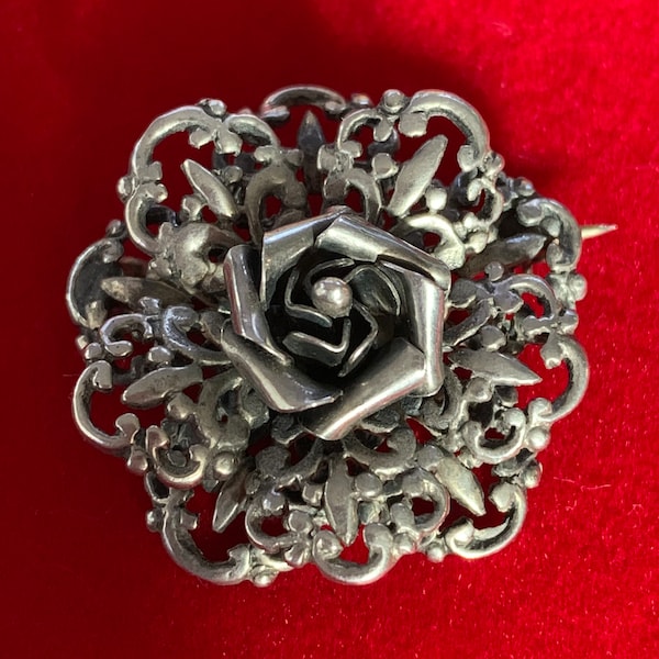 HOBE Vintage STERLING Silver Flower Rose Filigree Pin Brooch