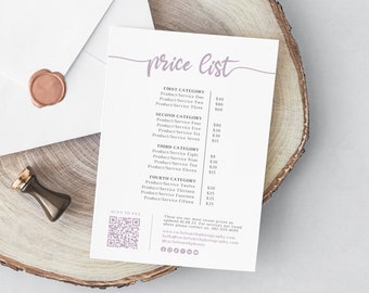 Editable Price List Template, Business Branding, Pricing Guide With QR Code, Printable Business Prices, List of Services, EMC0008