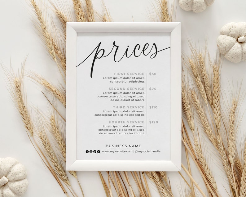 Editable Price List Template, Elegant Business Price Sign, Printable ...