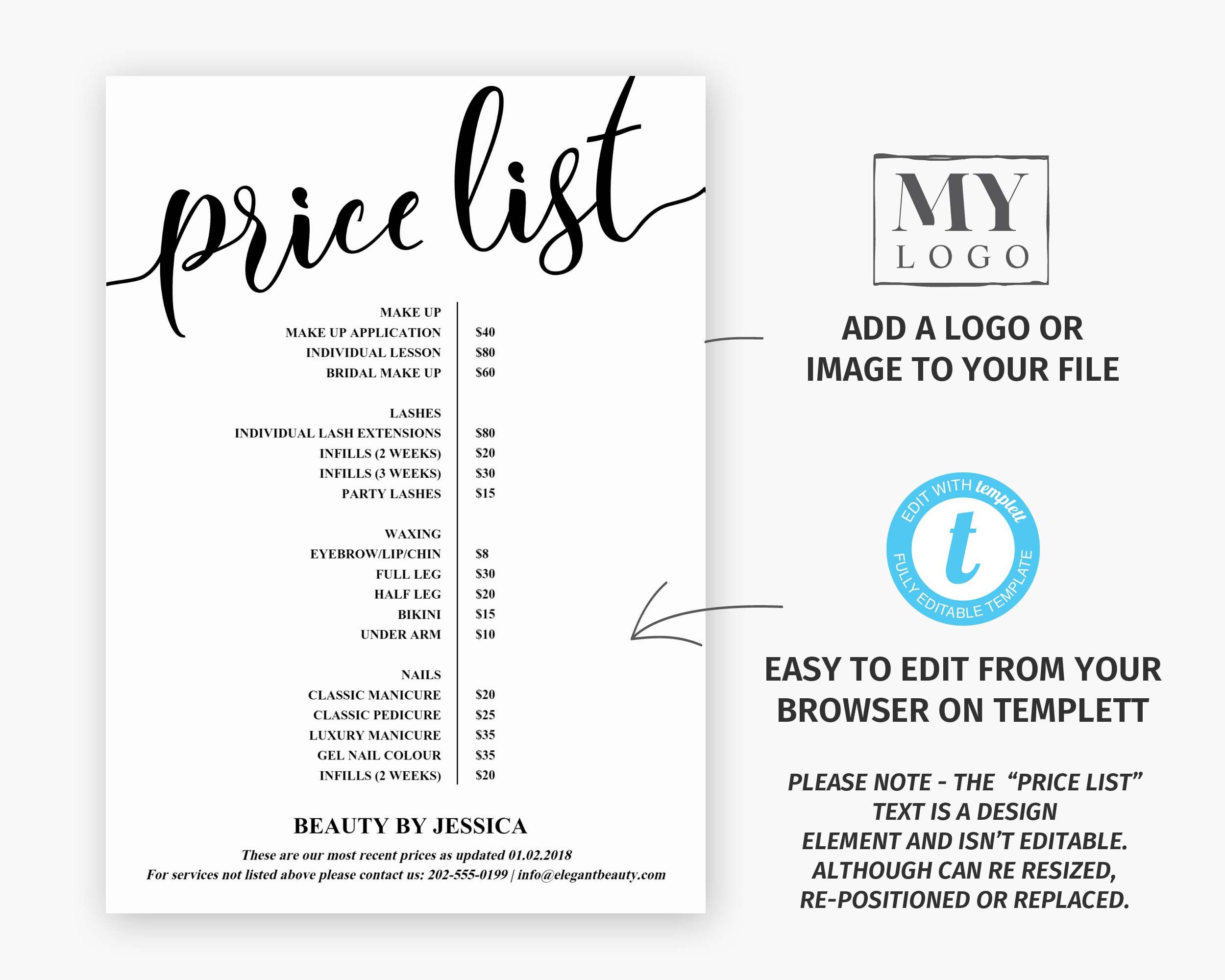 Printable Price List INSTANT DOWNLOAD Price Guide Template | Etsy India