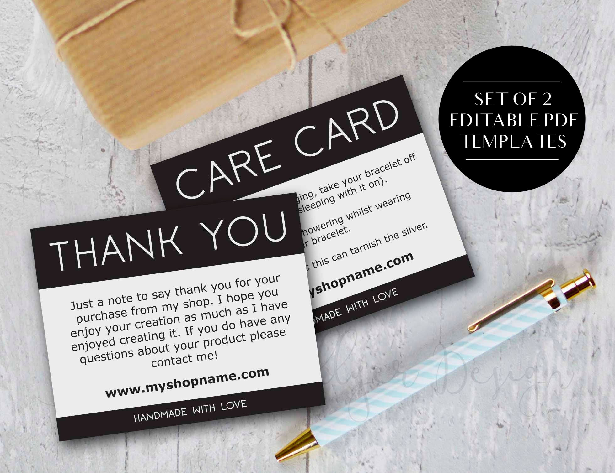 Editable Etsy Shop Thank You Cards and Care Cards Set of 2 Etsy