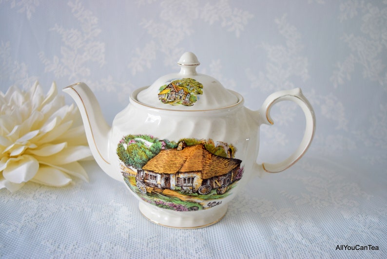 c 1950 s Cottage Scene Teapot Housewarming Windsor Transferware Birthday Gift Bridal Shower Vintage Teapot