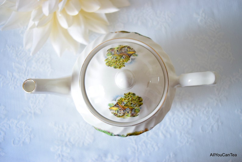 c 1950 s Cottage Scene Teapot Housewarming Windsor Transferware Birthday Gift Bridal Shower Vintage Teapot