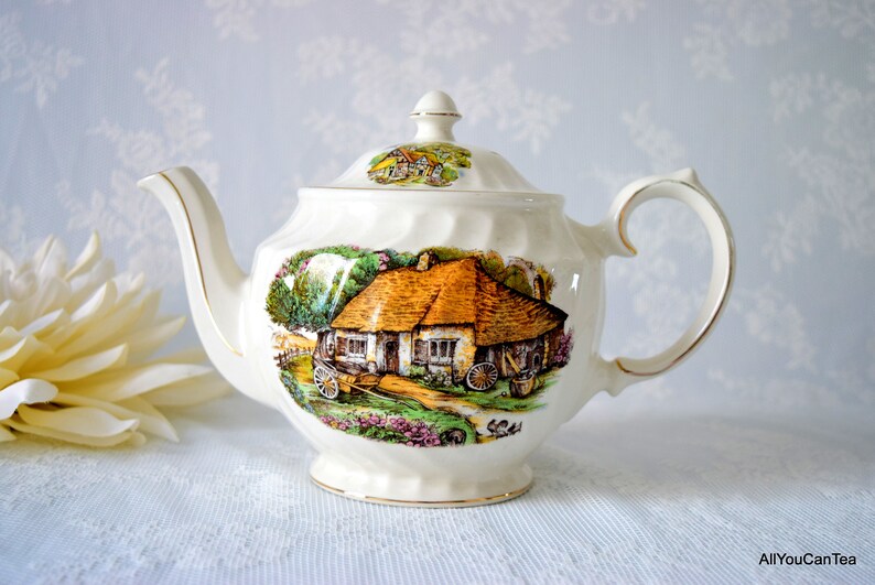 c 1950 s Cottage Scene Teapot Housewarming Windsor Transferware Birthday Gift Bridal Shower Vintage Teapot