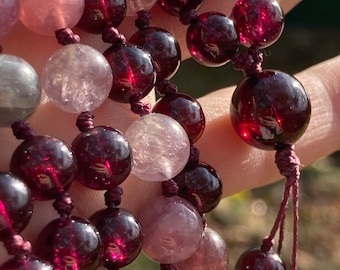 Purple Garnet Rainbow Spinel Madagascar Rose Quartz Mala, Purple Garnet 108 Beads Japa Mala, Rainbow Spinel Hand Knotted Gemstone Necklace