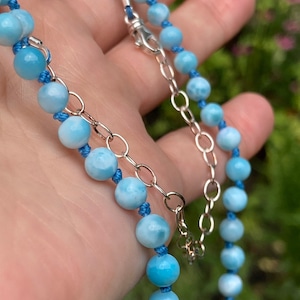 Premium Larimar Hand Knotted Gemstone Necklace, Larimar Necklace with Sterling Silver Clasp and Extension Chain, Adjustable Length Necklace