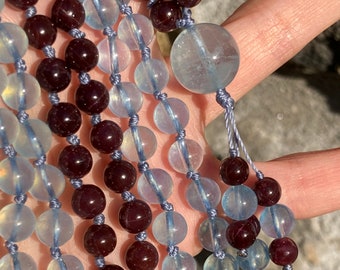 Aquamarine and Garnet Mala, Aquamarine and Star Garnet 108 Beads Japa Mala, Aquamarine Hand Knotted Gemstone Necklace,