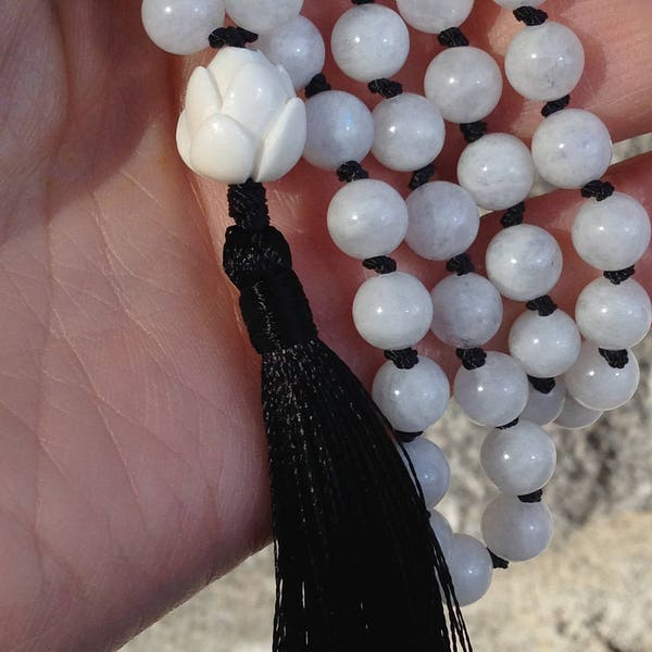 Moonstone Mala with Lotus Bud Guru Bead, Rainbow Moonstone Mala, Lotus Bud Mala, Moonstone Tassel Necklace with Lotus Bud Pendant, Kundalini