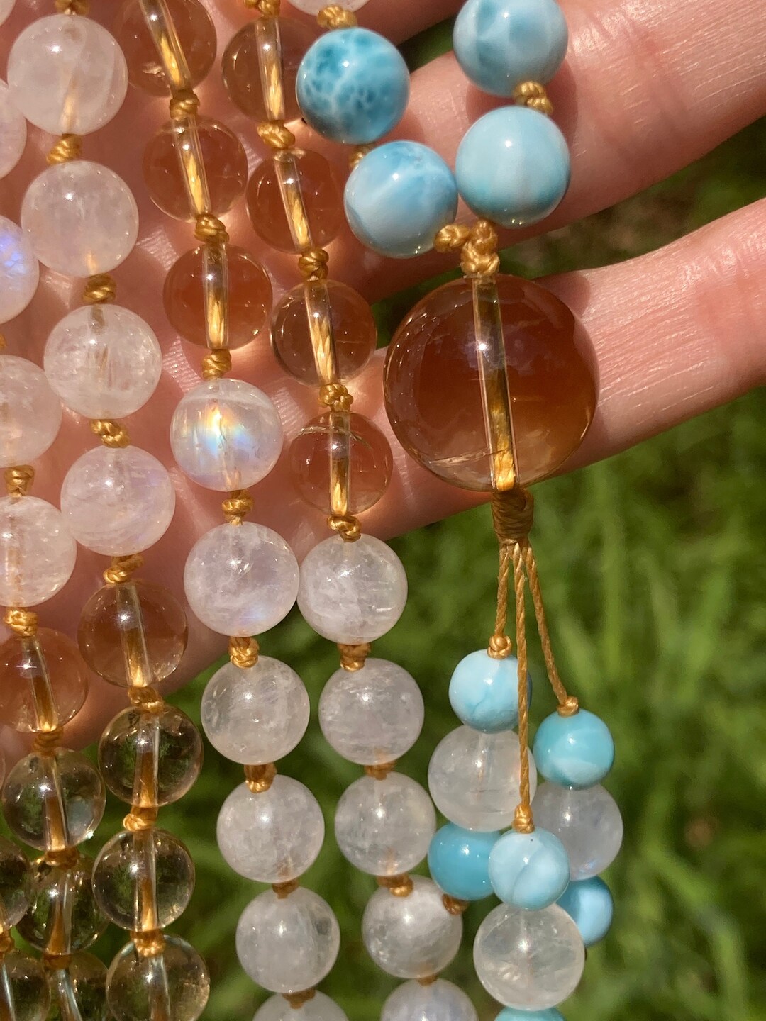 Premium Larimar Citrine Rainbow Moonstone Mala, Larimar 108 Beads