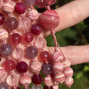 Mixed Red Gemstone Mala, Rhodochrosite 108 Bead Japa Mala, Ruby Hand Knotted Gemstone Necklace, Asterism Rose Quartz Mala Necklace