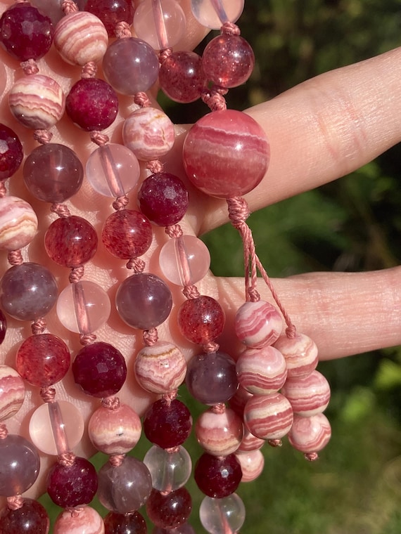 Mixed Red Gemstone Mala, Rhodochrosite 108 Bead Japa Mala, Ruby Hand Knotted Gemstone Necklace, Asterism Rose Quartz Mala Necklace