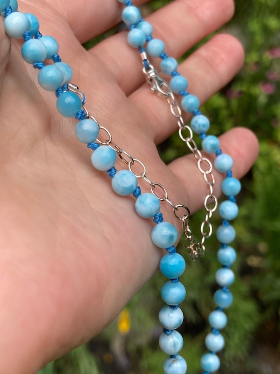 Premium Larimar Hand Knotted Gemstone Necklace, Larimar Necklace with Sterling Silver Clasp and Extension Chain, Adjustable Length Necklace
