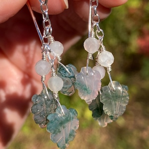 Moss Agate Gemstone Leaf Earrings, Moss Agate Dangle Earrings, Moss Agate Drop Earrings, Moss Agate Earrings with Sterling Silver Ear Wire