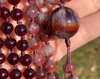 Purple Garnet Amethyst Super Seven Mala, Purple Garnet 108 Beads Japa Mala, Amethyst Super Seven Hand Knotted Gemstone Necklace Crown Chakra