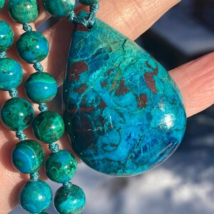 Premium Chrysocolla Mala with Shattukite Pendant, Chrysocolla 108 Bead Japa Mala, Shattuckite Hand Knotted Gemstone Necklace, Throat Chakra