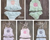 Girls Monogram Swim Suit, Seersucker Swim suit, Personalized Swim suit, Monogrammed Swimsuit, Girls Personalized Swim, Girls Two Piece