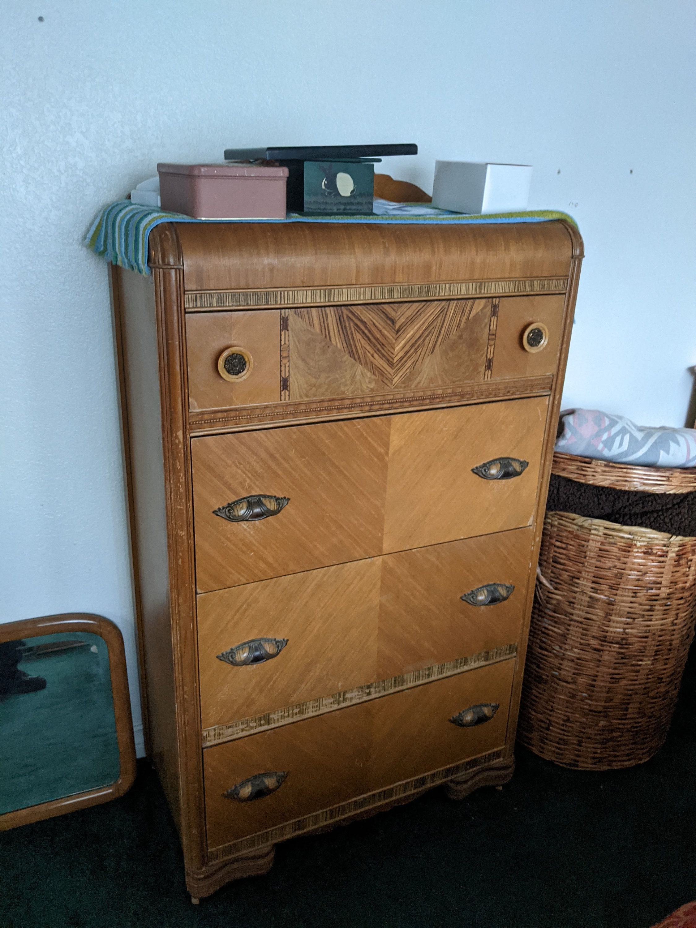 Dresser Waterfall Highboy Art Deco Inlays 1940s for sale  