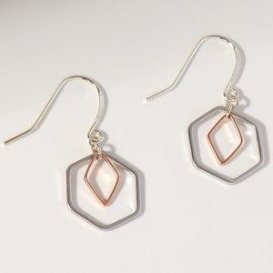 Rose Gold & Silver Hexagon Earrings, Small Geometric Earrings Hexagons and Diamonds, Rose Dangle, Elegant Earrings Drops Mixed Metal