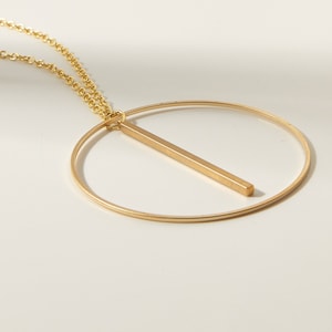 Gold Circle and Bar Necklace, Large Circle Pendant Necklace Gold Plated, Big Circle Necklace with Bar, Vertical Bar Necklace Contemporary