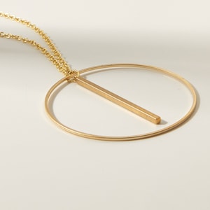 Gold Circle and Bar Necklace, Large Circle Pendant Necklace Gold Plated, Big Circle Necklace with Bar, Vertical Bar Necklace Contemporary image 1