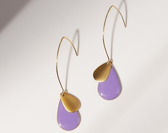 Purple Drop Earrings Dangly, Purple and Gold Dangle Earring, Long Teardrop Earrings Gold Plated, Pretty Earrings for Bridesmaids Wedding Day