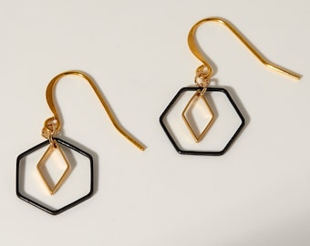 Black Hexagon Earrings, Small Geometric Earrings Hexagons and Diamonds, Black and Gold Earrings Dangle, Elegant Earrings Drops Mixed Metal