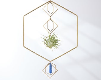 Soporte para plantas de aire colgante de lapislázuli hexagonal, maceta de aire pequeña azul colgante, colgador geométrico para plantas de aire con gema, regalo para mamá de plantas