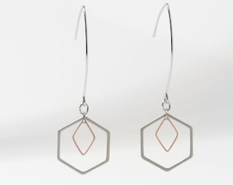 Rose Gold & Silver Hexagon Earrings - III, Small Geometric Earrings Hexagons and Diamonds, Rose Dangle, Elegant Earrings Drops Mixed Metal