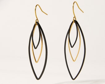 Marquise Drop Earrings, Long Dangle Earrings Black, Elegant Drop Earrings Dangle, Two Tone Classy Earrings, Brass Black Earrings for Gift