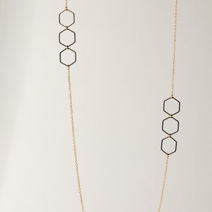 Honeycomb Hexagon Black and Gold Long Necklace, Geometric Necklaces