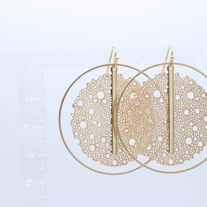 Mesh and Vertical Bar Drop Hoop Earrings, Large Statement Earrings Lightweight, Double Disc Earrings with Vertical Bar, Gift for Fashionista image 3