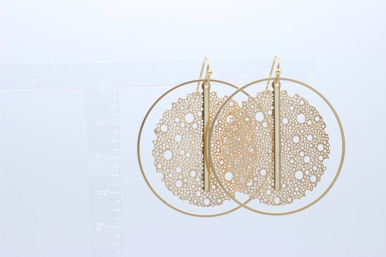 Mesh and Vertical Bar Drop Hoop Earrings, Large Statement Earrings Lightweight, Double Disc Earrings with Vertical Bar, Gift for Fashionista image 3