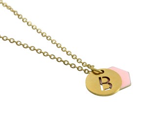 Le Délice" Waterproof "Imperméable" Personalized Initial Gold Necklace with Pink Enamel Charm