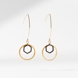 Black Hexagon Earrings, Small Geometric Earrings Hexagons and Diamonds, Black and Gold Earrings Dangle, Elegant Earrings Drops Mixed Metal