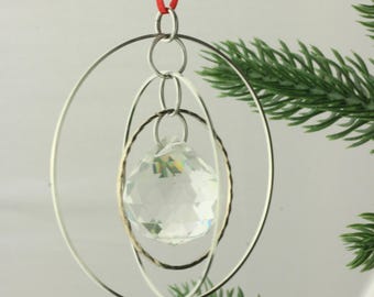 Minimalist Geometric Silver & Crystal Ornament, Mid-Century Modern Christmas Decor, Bauhaus Decor Xmas Ornaments, Minimalist Modern - V