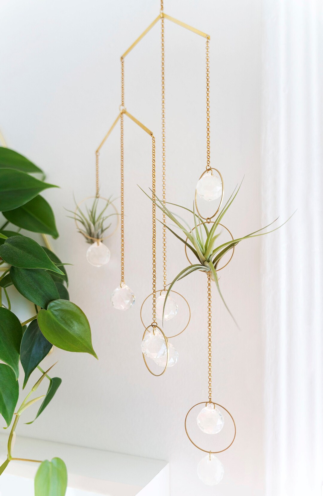 Hanging Air Plant Holder Mobile, Brass Air Plant Crystal Suncatcher