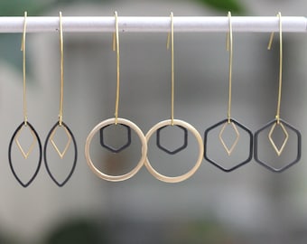 Mixed Metal Earrings, Matte Black and Matte Gold Dainty Mixed Metal Earrings