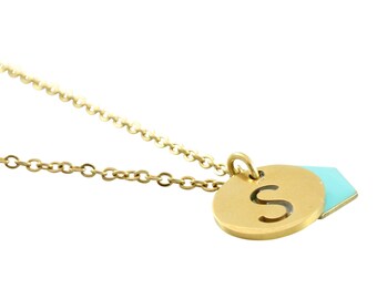 Le Délice" Waterproof "Imperméable" Personalized Initial Gold Necklace with Aqua Enamel Charm